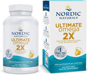 Nordic Naturals Ultimate Omega 2X fish oil supplement bottle and packaging on a white background