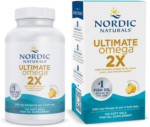 Nordic Naturals Ultimate Omega 2X fish oil supplement bottle and packaging on a white background