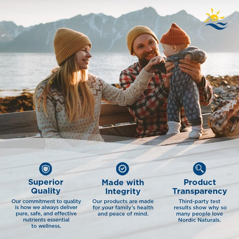 Family by a lake with mountains in the background, featuring Nordic Naturals logo.