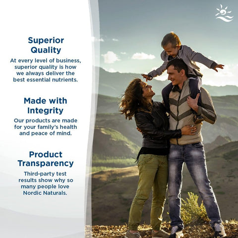 Family enjoying a moment outdoors with mountains in the background, promoting Nordic Naturals' values.