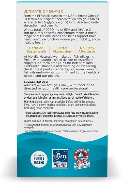 Nordic Naturals Ultimate Omega 2X supplement packaging with text and certification logos.