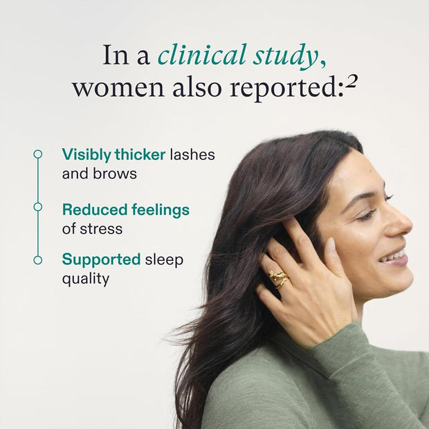 Enjoy less hair shedding and scalp fullness using Nutrafol Hair Vitamins for Women daily formula.