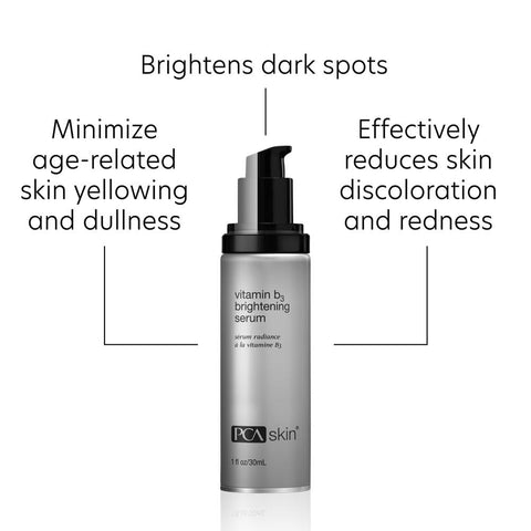 PCA Skin vitamin B3 brightening serum bottle with text highlighting benefits on a white background
