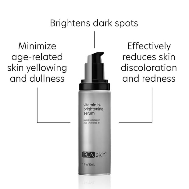 PCA Skin vitamin B3 brightening serum bottle with text highlighting benefits on a white background