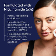 Woman applying cream to her face with text about niacinamide benefits on a blue background