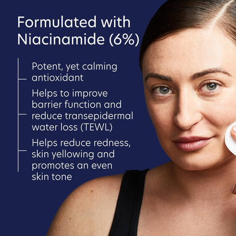 Woman applying cream to her face with text about niacinamide benefits on a blue background