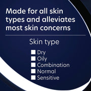 Product packaging with text about skin type compatibility and skin concerns alleviation.