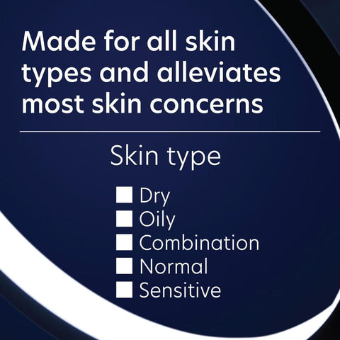 Product packaging with text about skin type compatibility and skin concerns alleviation.