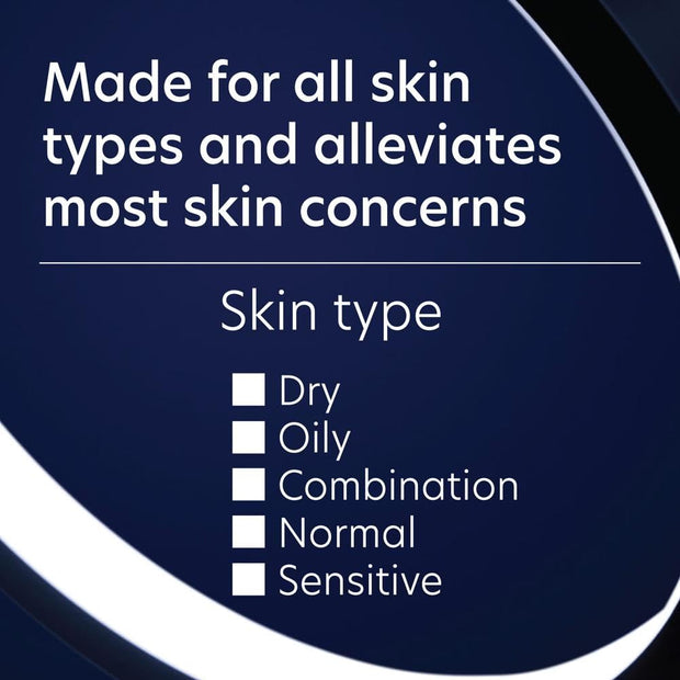 Product packaging with text about skin type compatibility and skin concerns alleviation.