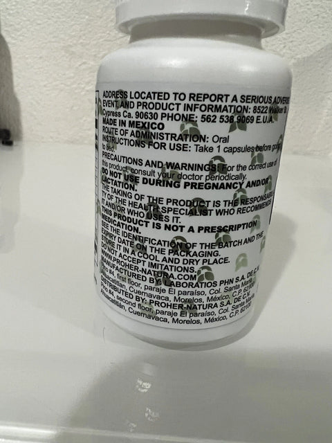 White pill bottle with black text label on a white background