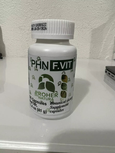 Supplement bottle labeled 'PHN F.VIT' on a white surface with a light gray background