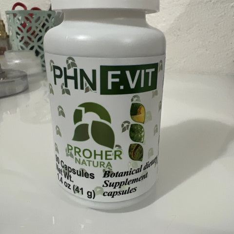 Supplement bottle labeled 'PHN F.VIT' on a white surface