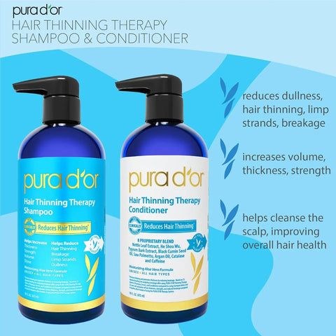 PURA D'OR Hair Thinning Therapy Shampoo & Conditioner Set – Biotin, DHT Blockers, Clinically Tested, Color Safe, 16oz Each E.A