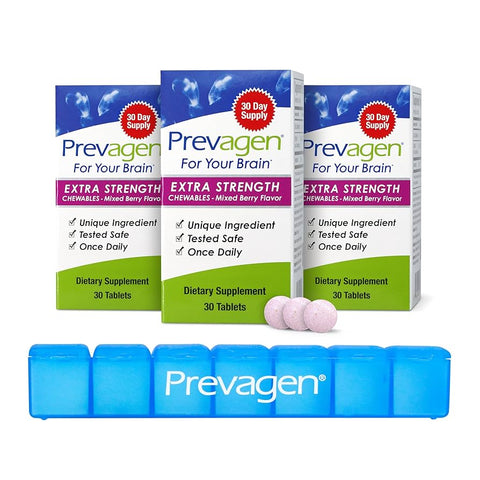 Three boxes of Prevagen Extra Strength chewables for brain health with a blue pill organizer on a white background.