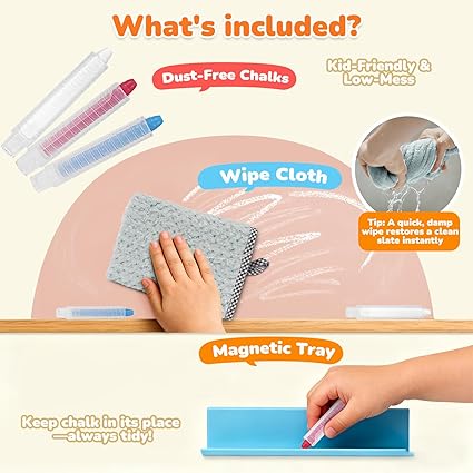 Product set with dust-free chalks, wipe cloth, and magnetic tray on a beige background.