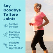 Woman exercising with text about joint health benefits on a blue background