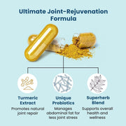 Illustration of a joint-rejuvenation formula with turmeric extract, unique probiotics, and superherb blend on a light blue background.