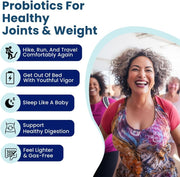 Advertisement for probiotics with a woman smiling and text about health benefits on a white background.