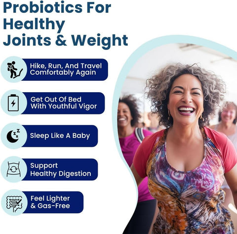 Advertisement for probiotics with a woman smiling and text about health benefits on a white background.
