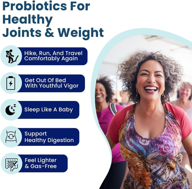 Advertisement for probiotics with a woman smiling and text about health benefits on a white background.