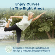 Woman stretching outdoors with text about managing abdominal fat