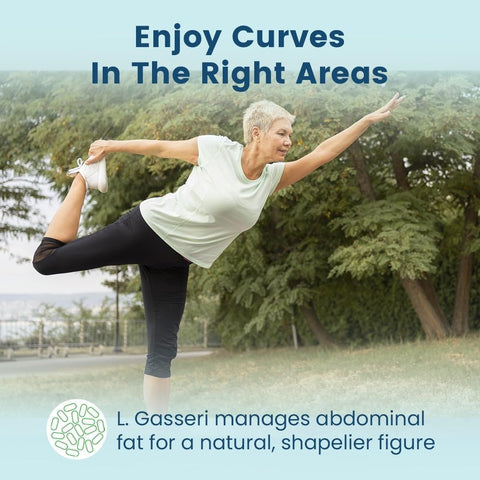 Woman stretching outdoors with text about managing abdominal fat