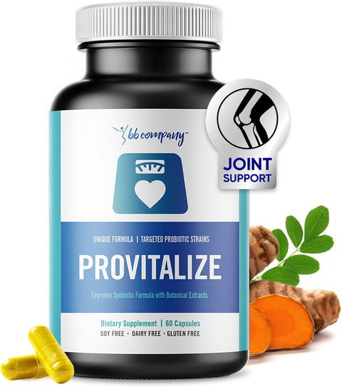 Bottle of Provitalize supplement with joint support icon and ingredients on a white background