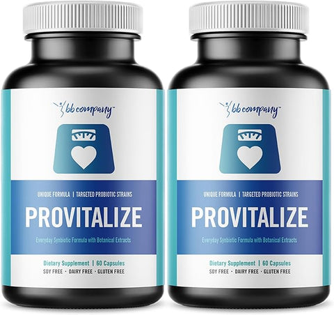 Two bottles of bb company Provitalize dietary supplements on a white background