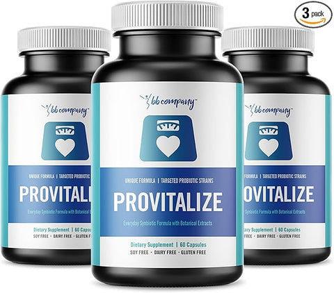 Three bottles of 'Provitalize' and 'Ovitalize' supplements from the 'BB Company' on a white background.