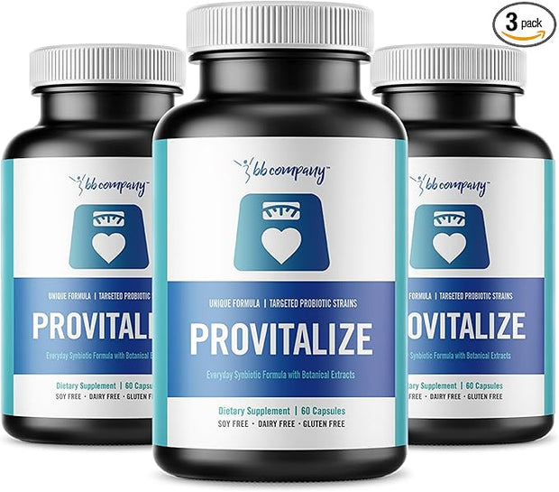 Three bottles of 'Provitalize' and 'Ovitalize' supplements from the 'BB Company' on a white background.