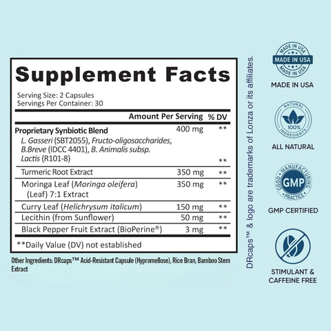 Supplement facts label with various ingredients on a light blue background
