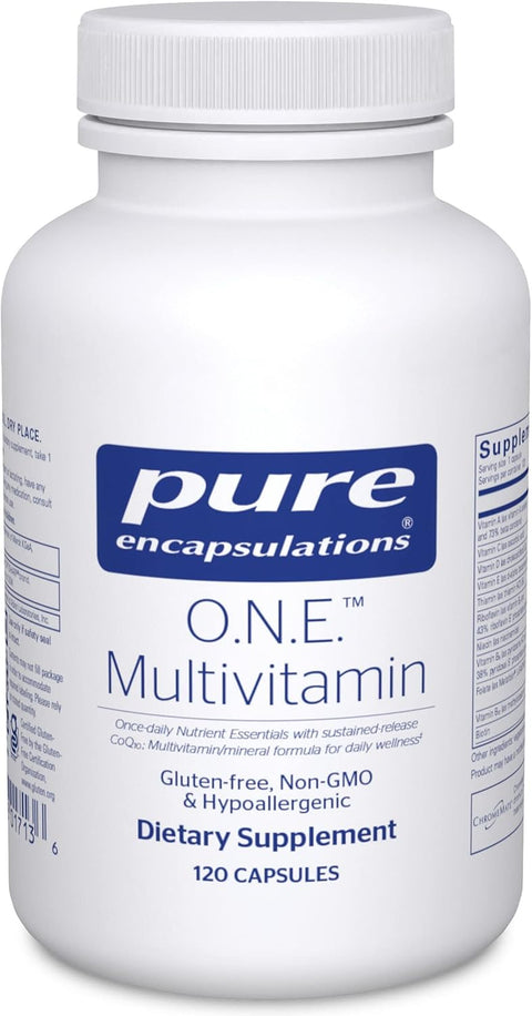 White supplement bottle labeled 'O.N.E. Multivitamin' by pure encapsulations on a white background