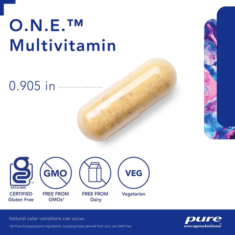 Multivitamin capsule with certification logos and product details on a white background