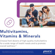 Family sitting on a couch with children using a tablet, promoting multivitamins and vitamins.