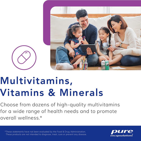 Family sitting on a couch with children using a tablet, promoting multivitamins and vitamins.