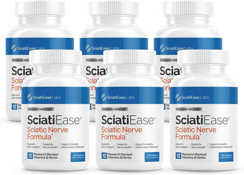 6 bottles of Sciatic Ease Supplement, branded by SciatiEase Labs LLC, with the label indicating that it contains 12 research-backed vitamins and herbs and has 150 capsules.