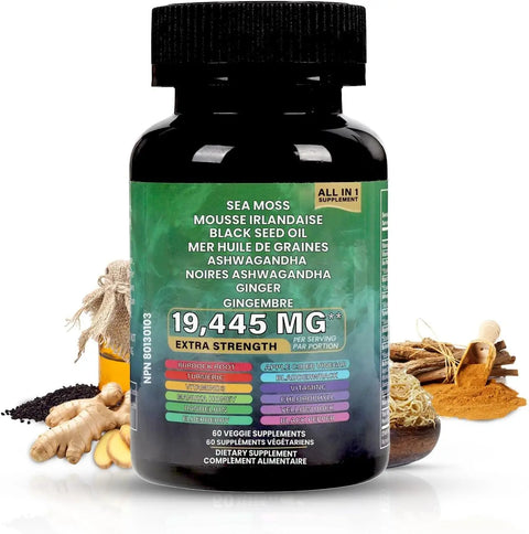 Sea Moss, Black Seed Oil, Ashwagandha &amp; Ginger - Extra Strength Supplement (19445 mg) - 60 Count THE EA STORE