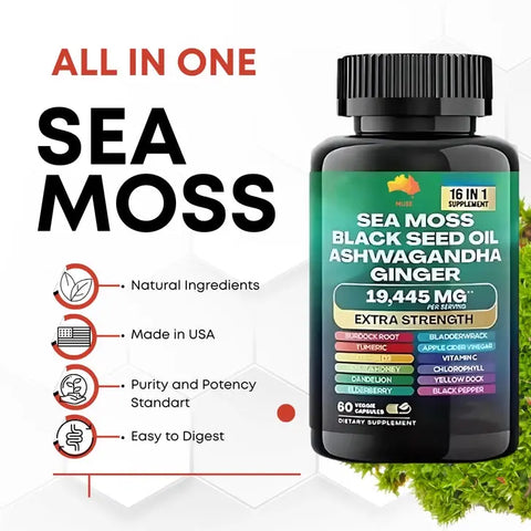 Sea Moss, Black Seed Oil, Ashwagandha &amp; Ginger - Extra Strength Supplement (19445 mg) - 60 Count THE EA STORE