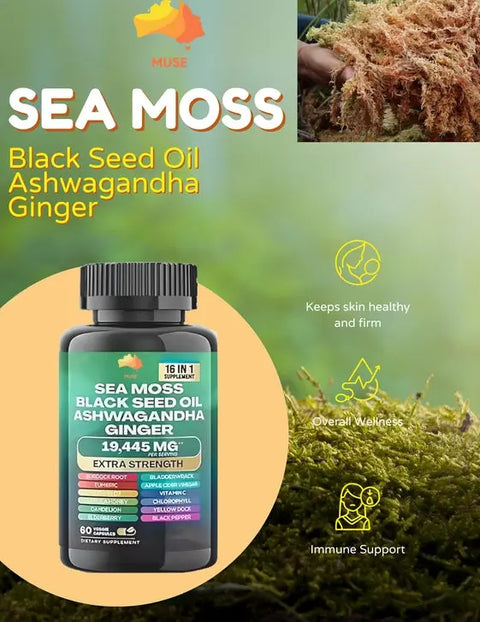 Sea Moss, Black Seed Oil, Ashwagandha &amp; Ginger - Extra Strength Supplement (19445 mg) - 60 Count THE EA STORE