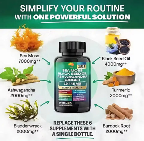 Sea Moss, Black Seed Oil, Ashwagandha &amp; Ginger - Extra Strength Supplement (19445 mg) - 60 Count THE EA STORE