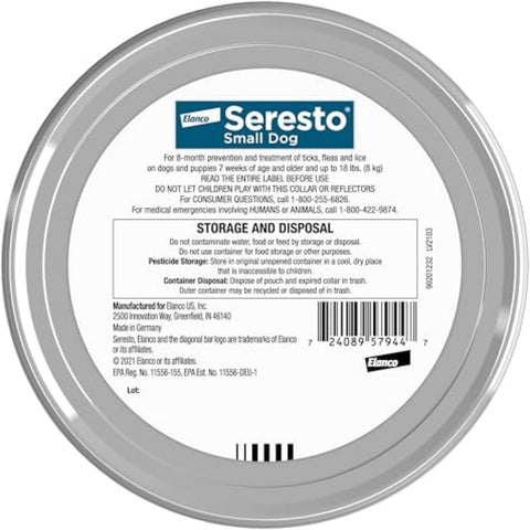 Seresto small dog tag packaging with label
