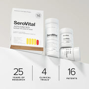 SeroVital Advanced supplement packaging with clinical trial and patent information on a light gray background