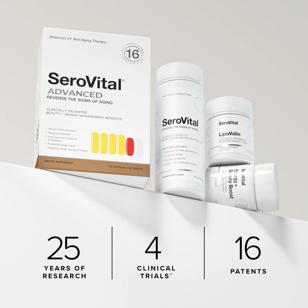 SeroVital Advanced supplement packaging with information on a light gray background
