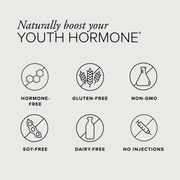 Product label with icons and text about hormone-free, gluten-free, non-GMO, soy-free, dairy-free, and no injections.