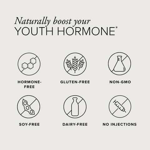 Product label with icons and text about hormone-free, gluten-free, non-GMO, soy-free, dairy-free, and no injections.