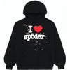 Black Sp5der I Love Sp5der Heart hoodie featuring streetwear style and bold graphic design, worn as a pullover by young Thug fans.