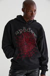 Black Sp5der Essential hoodie featuring red web rhinestones and OG logo, authentic streetwear pullover from THE EA STORE.