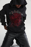Sp5der Black Red Web Rhinestone Hoodie featuring Sp5der logo, streetwear style, authentic Young Thug inspired pullover.