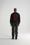 Sp5der Black Red Web Rhinestone Hoodie by THE EA STORE featuring the Sp5der logo, streetwear pullover with rhinestone accents.