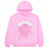Pink Sp5der Essential hoodie with black web design, featuring streetwear style inspired by Young Thug, from THE EA STORE.